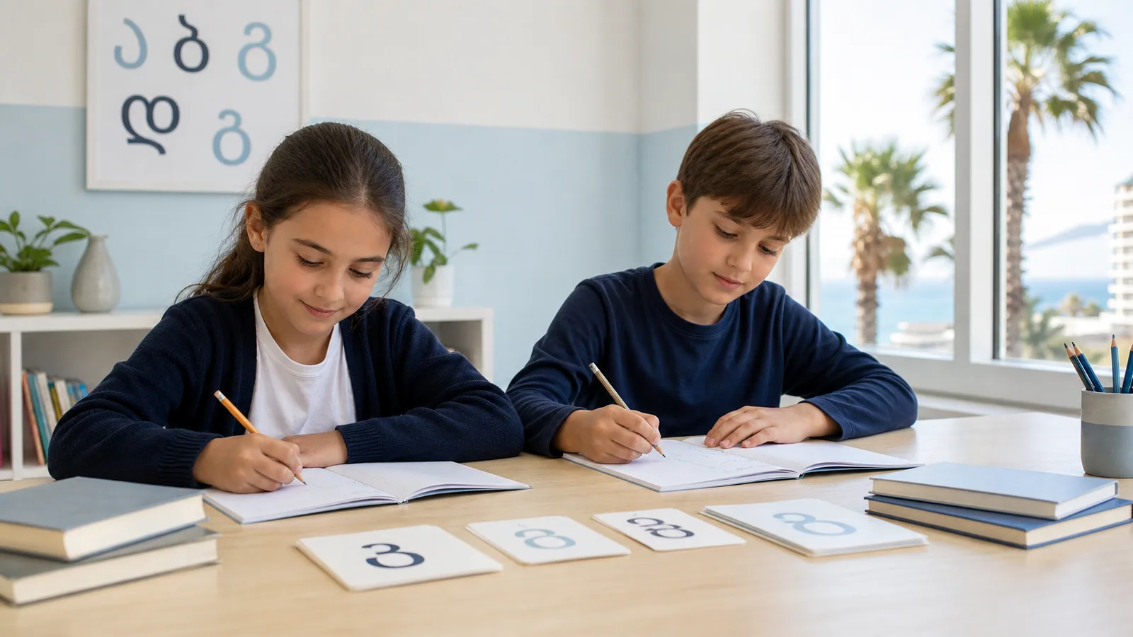 Двое детей пишут грузинские буквы в тетрадях на уроке в Батуми